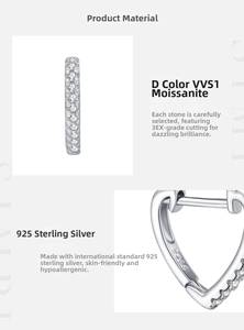 Detail view of S925 sterling silver heart hoop earrings with D VVS1 Moissanite stones