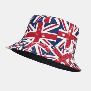 Detail of reversible bucket hat featuring vintage Union Jack flag and star patterns