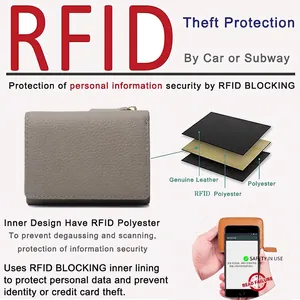 Gray genuine leather RFID blocking tri-fold wallet with secure anti-theft design