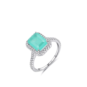 925 Sterling Silver Ring Rectangular Paraiba Green Zircon Emerald Cut Halo Vintage Elegant Fashion For Women