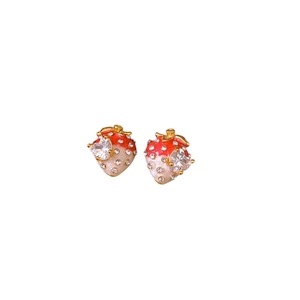 Exquisite gold-plated strawberry earrings with pink enamel and sparkling crystals