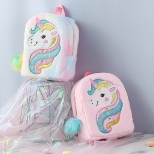 Colorful plush unicorn backpack for girls with sequin embroidery and fuzzy pom-poms