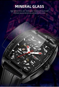 Detailed view of mineral glass on a tonneau automatic mechanical watch with skeleton dial