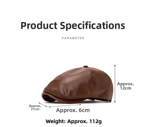 Detailed view of brown leather newsboy cap showing dimensions and material texture