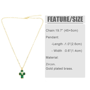 Detailed specs of gold-plated cross necklace with green zircon and 45+5cm chain