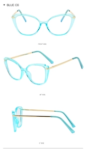 Multiple views of blue cat eye anti-blue light glasses with gold metal temples