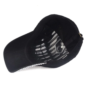 Black denim baseball cap with rhinestone brim edge and adjustable metal buckle strap