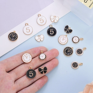 Black and white enamel clock and number 5 pendants for DIY jewelry making in gold metal