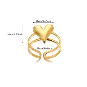 Detailed dimensions of the 18k gold plated heart ring with size markings
