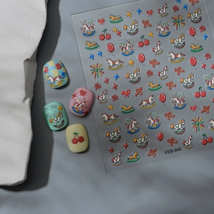 3D embossed rocking horse nail stickers for 2025 Chinese New Year with fireworks