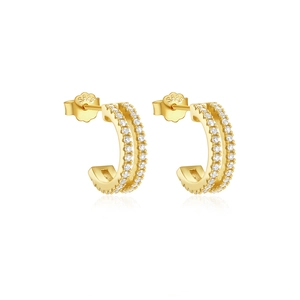 Detailed macro view of S925 sterling silver gold-plated C-shaped double row pavé earrings