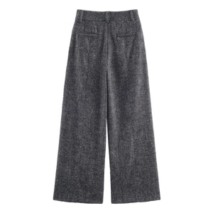 Dark grey wide leg tweed trousers with high waist design and textured fabric finish