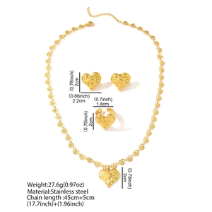 Detailed specs of French vintage textured gold heart necklace earrings and ring set