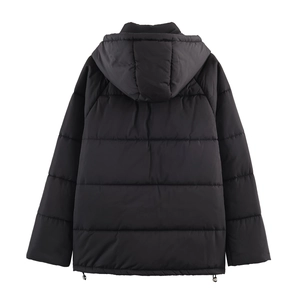 Women's black casual hooded puffer jacket with drawstring hem and quilted back view