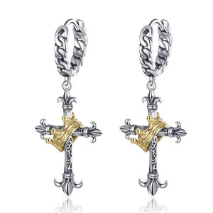 Retro Distressed Copper Cross Crown Hoop Earrings For Women Silver Gold Color Clashing Dangle Earrings Fashion Jewelry