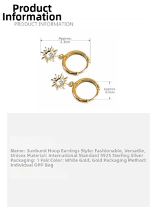 Detailed size specifications for S925 sterling silver sunburst hoop earrings with zircon stones