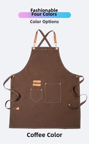 Detail of coffee canvas apron with leather strap connectors and bronze metal hooks