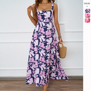 Floral Maxi Dress Polyester Spaghetti Straps Square Neck Smocked Back Summer Beach Vacation Resort Flowy A-Line For Women