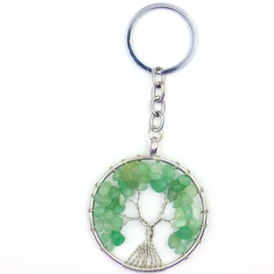 Detail showing handcrafted silver wire-wrapped tree of life with green crystal stones