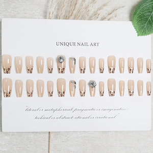 24pcs long coffin press on nails with leopard french tips and sparkling rhinestones
