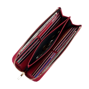 Genuine leather long RFID wallet in red with lychee texture and gold zipper interior