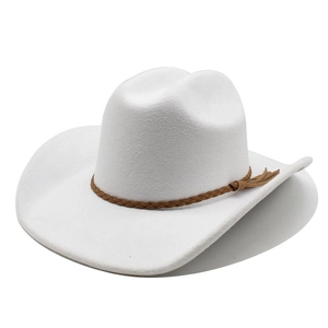 Close-up of white western cowboy hat with brown braided leather band detail