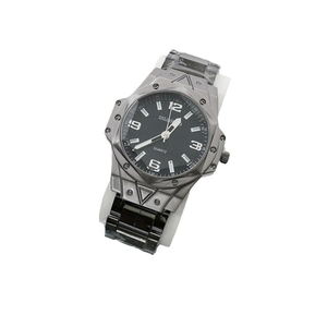 Men's fashion quartz watch with large black dial and grey metal link strap on stand