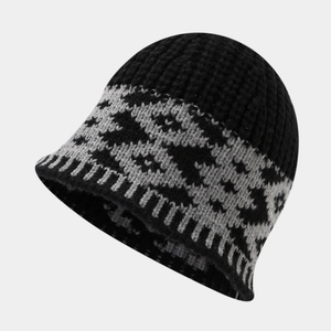 Detail of the thick rib-knit texture and geometric patterns on a winter bucket hat
