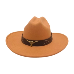Chapeau De Cowboy Western Vintage Feutre Bord Large Avec Boucle Tête De Taureau En Métal Et Ceinture À Rivets Pour Voyage