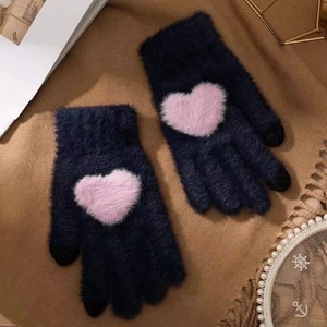 Winter plush knit gloves in navy blue with pink heart pattern for warmth and outdoor use