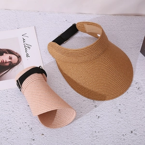 Faltbares Stroh Visier für Damen mit verstellbarem Gummiband in Khaki und Rosa, breite Krempe