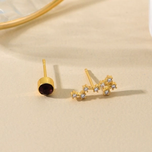 Asymmetrical S925 silver needle constellation stud earrings in gold with purple stones