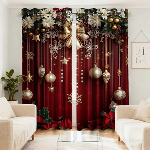 Detail of red velvet Christmas curtains with white floral and gold ornament patterns