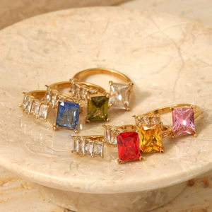 316L stainless steel adjustable ring with emerald-cut zirconia in multiple colors