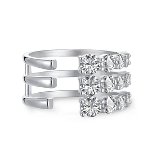 Elegant three-layer S925 sterling silver open ring with pavé-set round zircon stones