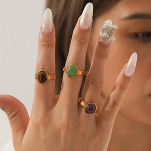 Retro 18K gold plated stainless steel open rings with natural agate and tiger eye stones