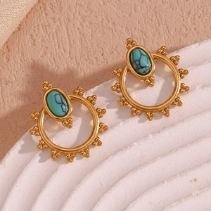 Close-up of Bohemian gold earrings with turquoise stone and ornate beaded edge
