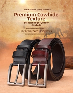 Detail of premium genuine cowhide leather texture on men's vintage pin buckle belts