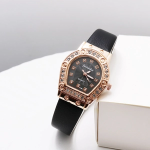 Luxury women's rose gold quartz watch with diamond bezel and black leather strap