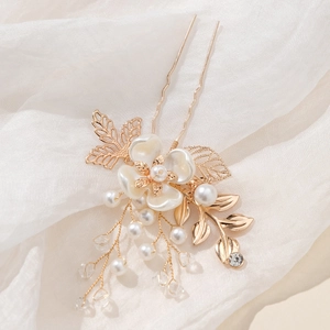 Chinese vintage pearl flower hair pin with golden leaves and elegant tassels on silk