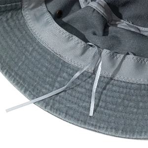 Washed grey cotton sun hat with adjustable inner drawstring and fine stitching detail