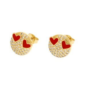 Detailed macro view of 18K gold smiley earrings with pavé zircons and red enamel hearts
