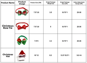 Size chart for pet Christmas hats and bowties with dimensions and adjustment ranges