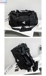 Detail of waterproof Oxford cloth duffel bag with adjustable shoulder strap and padded handles