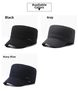 Detailed view of winter flat top caps in black, gray, and navy with fleece lining