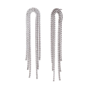 Luxury U-shaped silver drop earrings with multi-row zirconia tassels on white background