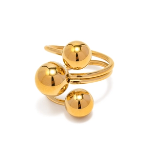 Polished 18K gold plated stainless steel open ring featuring three minimalist metal spheres