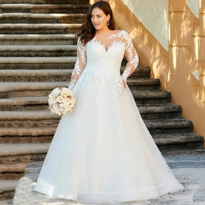 Elegant White Lace Wedding Dress Long Illusion Sleeves V Neck Tulle Trailing Bridal Gown Plus Size Outdoor Church