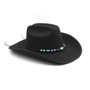 Western Cowboy Hat Wide Brim Rolled Edge Felt Ethnic Turquoise Bead Band Sun Protection Outdoor Unisex Fedora Style
