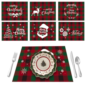 Juego de 6 manteles individuales navideños con motivos de Papá Noel y cuadros rojos y verdes